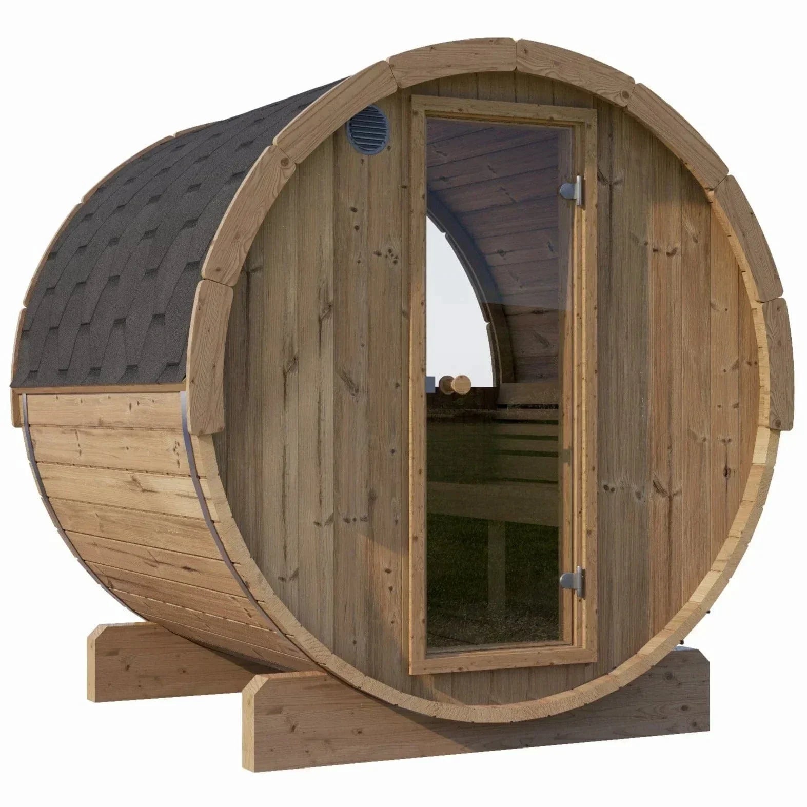 SaunaLife Model E7W ERGO-Series outdoor barrel sauna with window, premium outdoor sauna designed for comfort, durability, and modern wellness relaxation