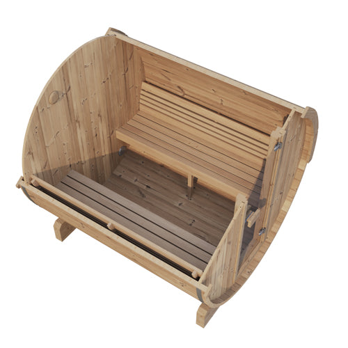 Outdoor SaunaLife Model E8 barrel sauna, luxury ERGO-Series home spa sauna designed for comfort, durability, and wellness