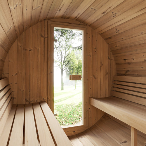 SaunaLife E8 outdoor barrel sauna ERGO-Series, high-end backyard sauna cabin with ergonomic curved design and natural wood finish