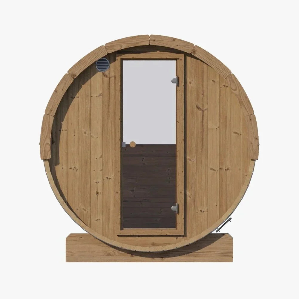 SaunaLife E8W outdoor barrel sauna with panoramic glass rear window, spacious 6-person capacity, and premium Scandinavian design