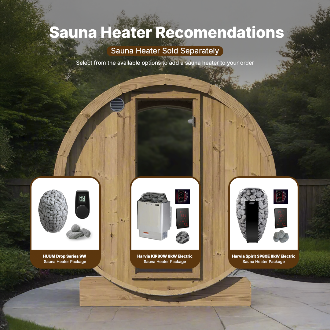SaunaLife E8W Barrel Sauna with panoramic rear window, Thermo-Spruce exterior and spacious 6-person outdoor wellness design