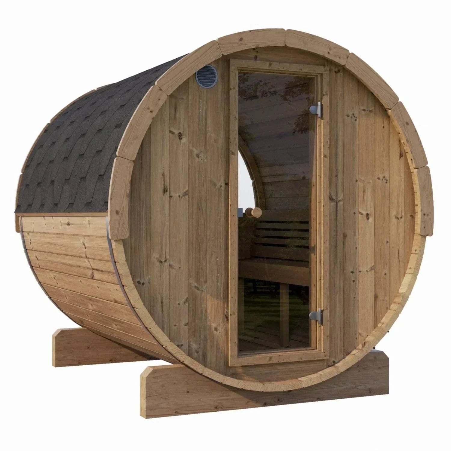 SaunaLife Model E8W Barrel Sauna with panoramic rear window, Thermo-Spruce construction, curved Thermo-Aspen benches, 6-person outdoor luxury sauna
