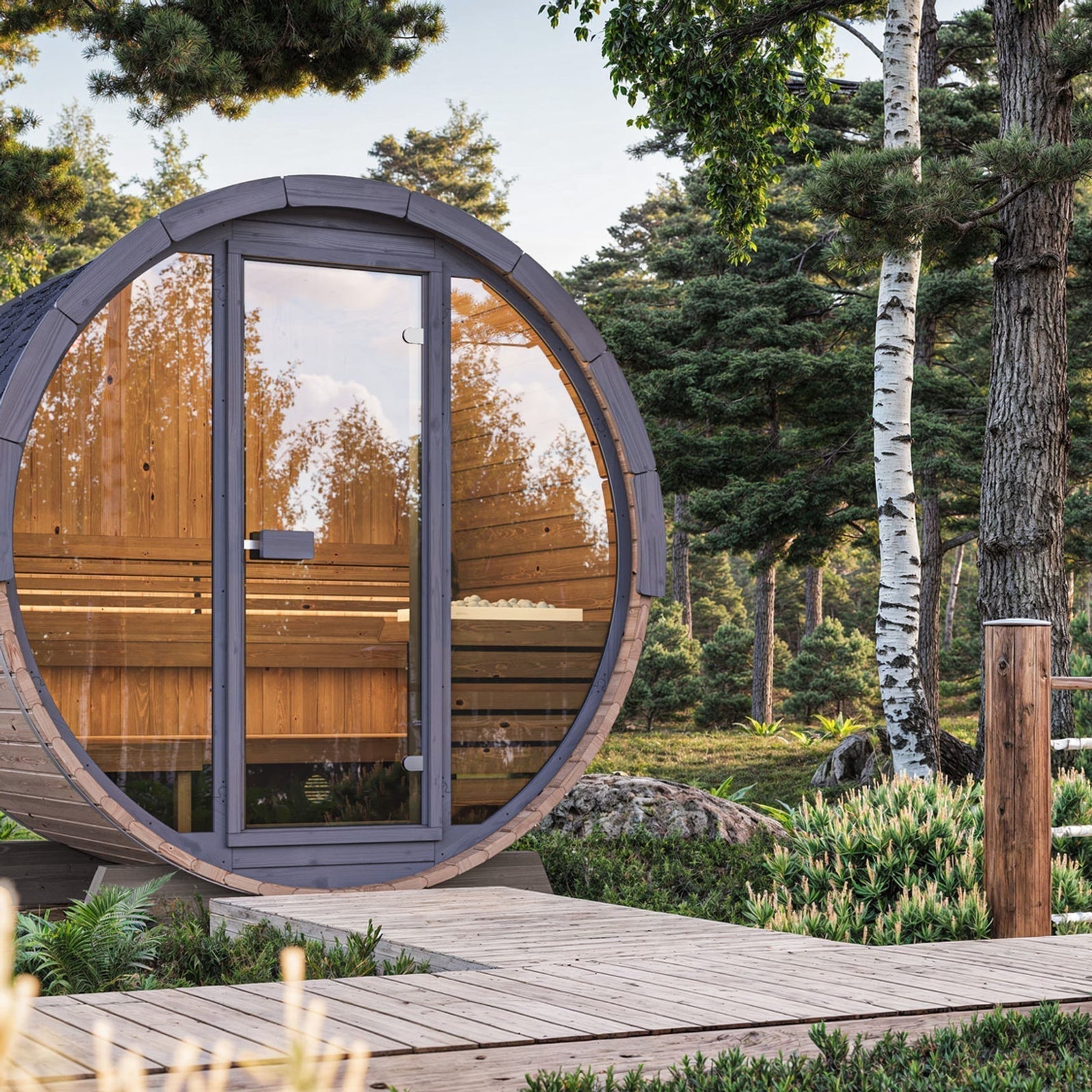 4-person outdoor barrel sauna SaunaLife Model EE6G made of natural timber for home spa relaxation and detox therapy