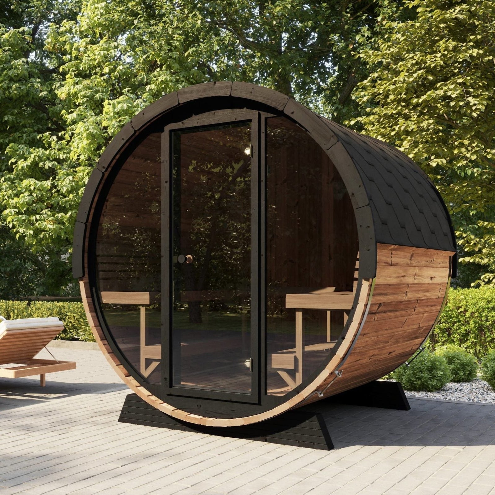 Premium SaunaLife EE8G barrel sauna for outdoor use 8 person capacity luxury backyard sauna kit with elegant ergonomic Scandinavian design