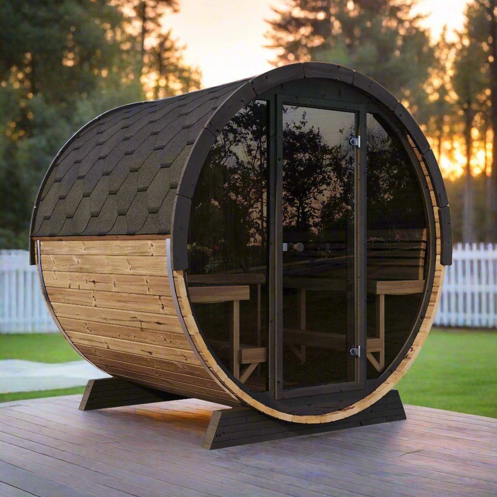 SaunaLife Model EE8G ERGO-Series outdoor barrel sauna 8-person premium backyard sauna with durable Thermo-Spruce wood and modern curved structure