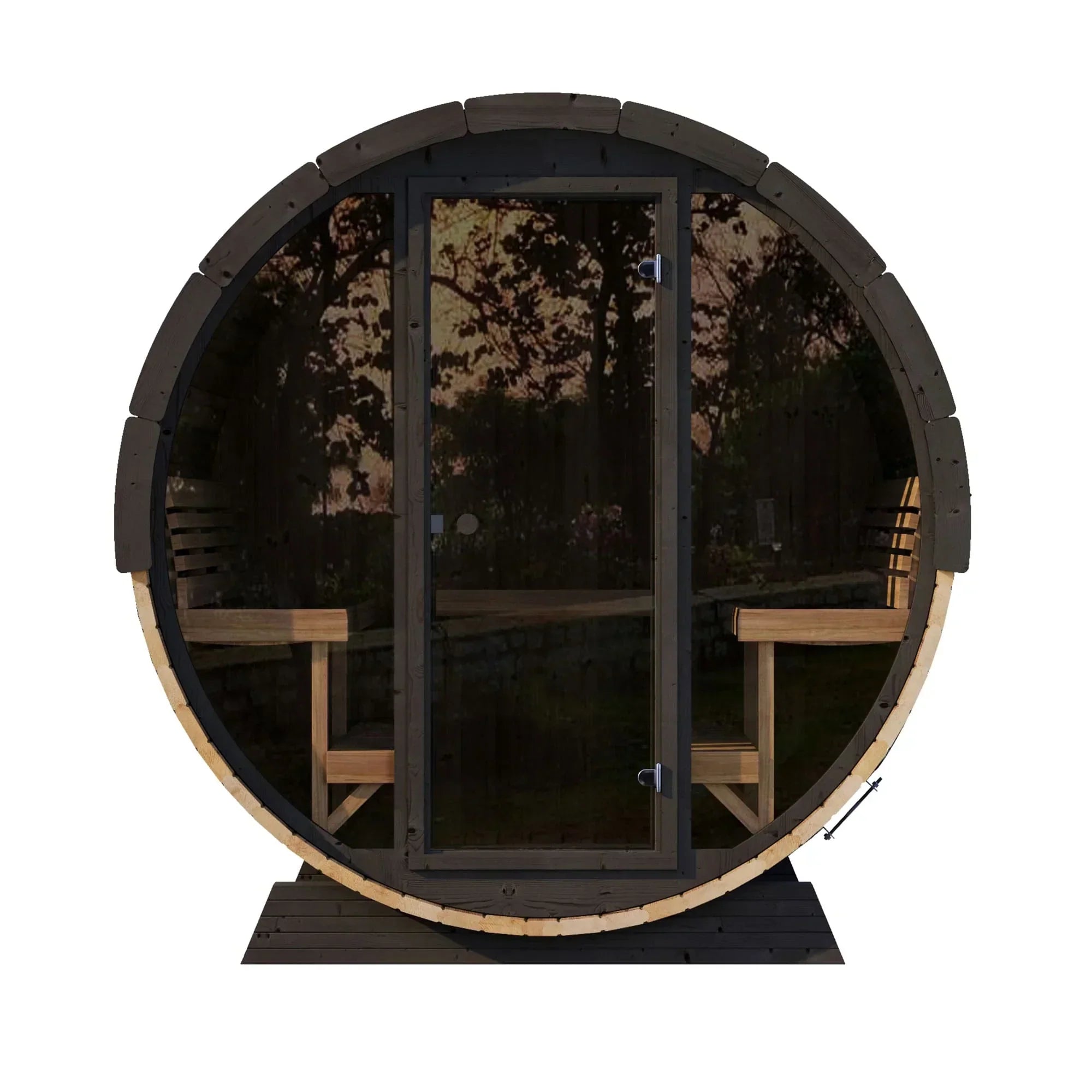 SaunaLife Model EE8G barrel sauna 8-person outdoor sauna kit spacious ergonomic design with durable Thermo-Spruce construction for backyard spa experience
