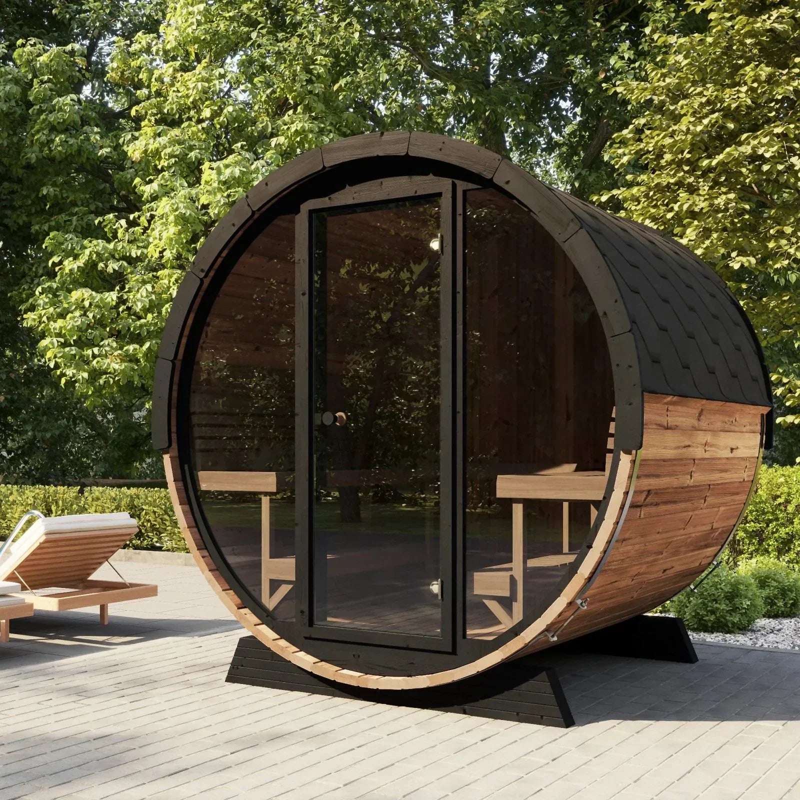 SaunaLife EE8G outdoor barrel sauna 8 person ERGO-Series Elegance luxury backyard sauna made with Thermo-Spruce wood for premium home wellness