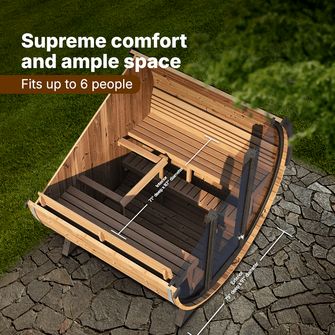 Outdoor SaunaLife Model EE8G barrel sauna 8 person premium garden sauna kit with curved Thermo-Spruce design and luxury Scandinavian style