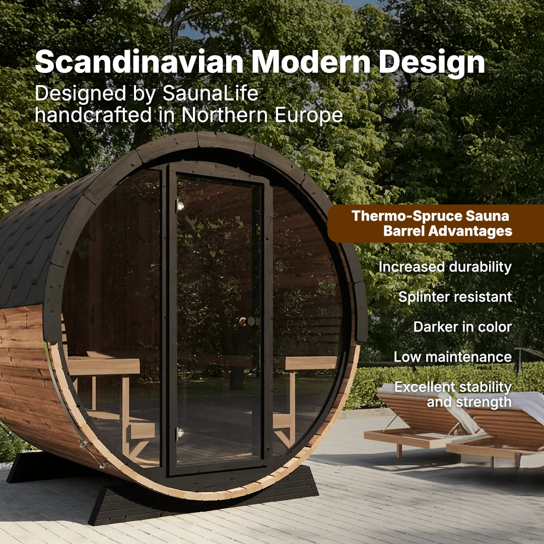 SaunaLife ERGO-Series EE8G outdoor sauna barrel 8 person spacious luxury sauna made with high-quality Thermo-Spruce wood for home spa
