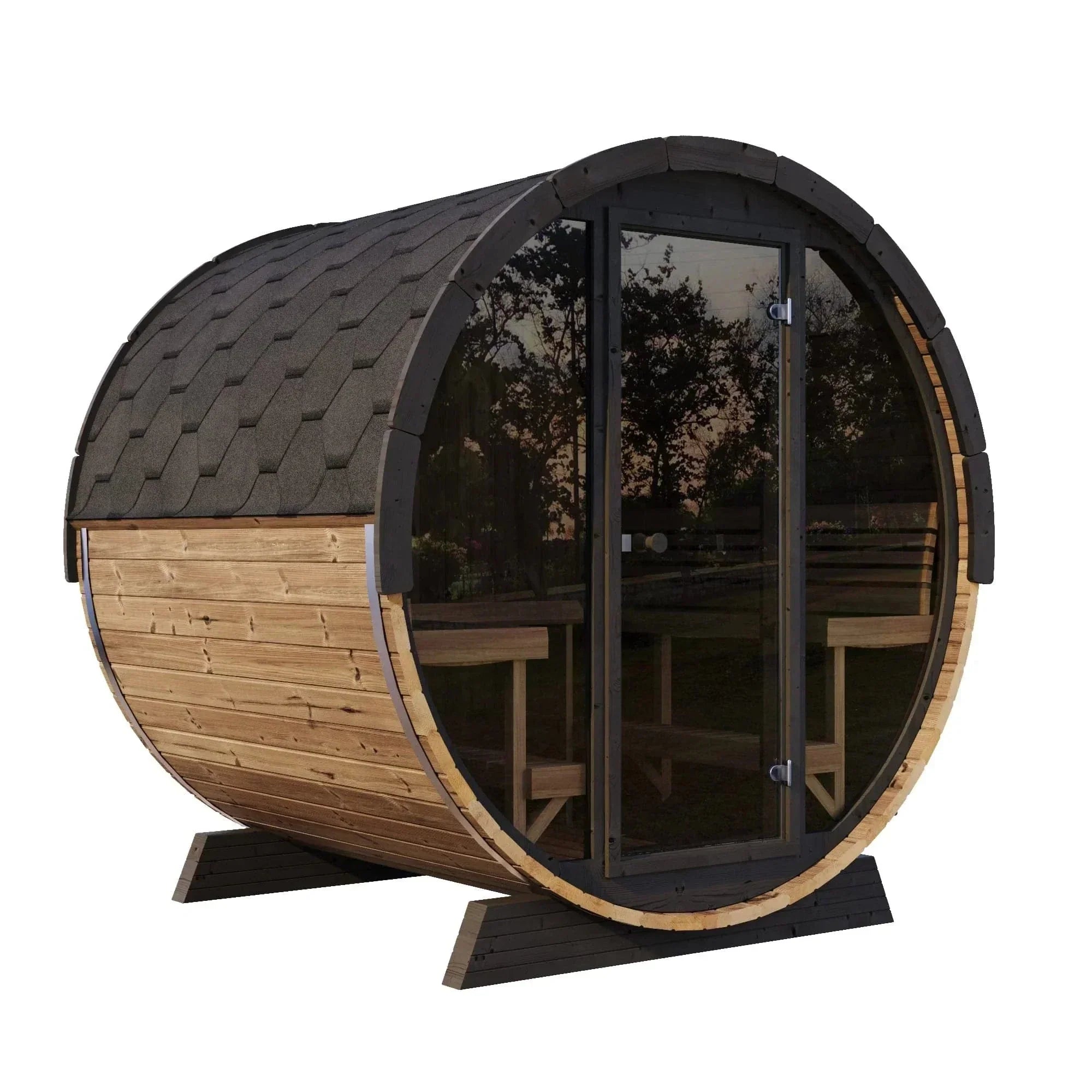 SaunaLife Model EE8G Outdoor Barrel Sauna ERGO-Series Elegance 8-person luxury backyard sauna made from premium Thermo-Spruce wood with spacious ergonomic design