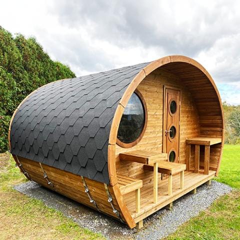 SaunaLife Garden Series G11 outdoor luxury sauna suite with 2-room design for up to 8 persons, premium backyard wellness and relaxation cabin