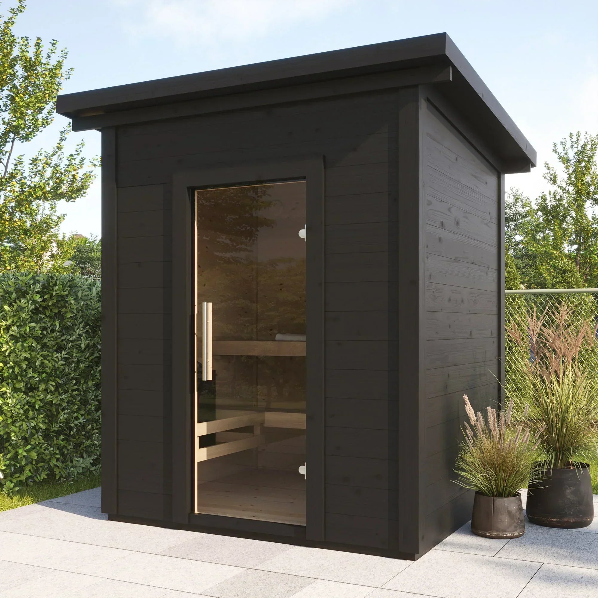Luxury SaunaLife Garden Series G2 4-person outdoor sauna kit made from 1.65-inch spruce with full floor system and weatherproof rooftop design