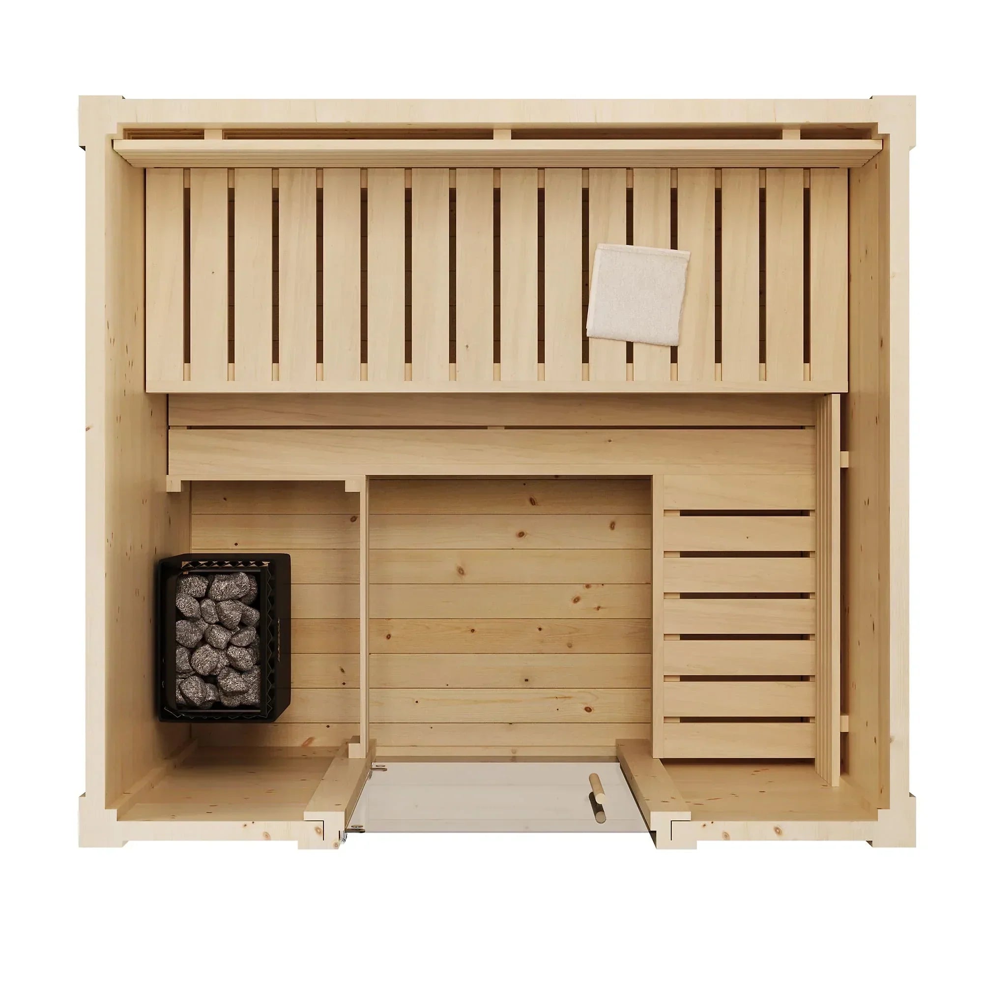 SaunaLife G2 outdoor sauna 4 person Garden Series with thick spruce wood planks, interlocking V-joint build and durable EPDM slanted roof for outdoor use