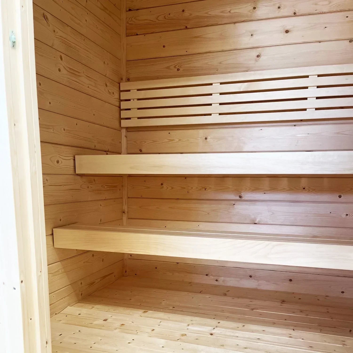 4-person SaunaLife G2 outdoor sauna kit with thick spruce wood, EPDM roofing system, full floor base and durable Scandinavian-style garden sauna design