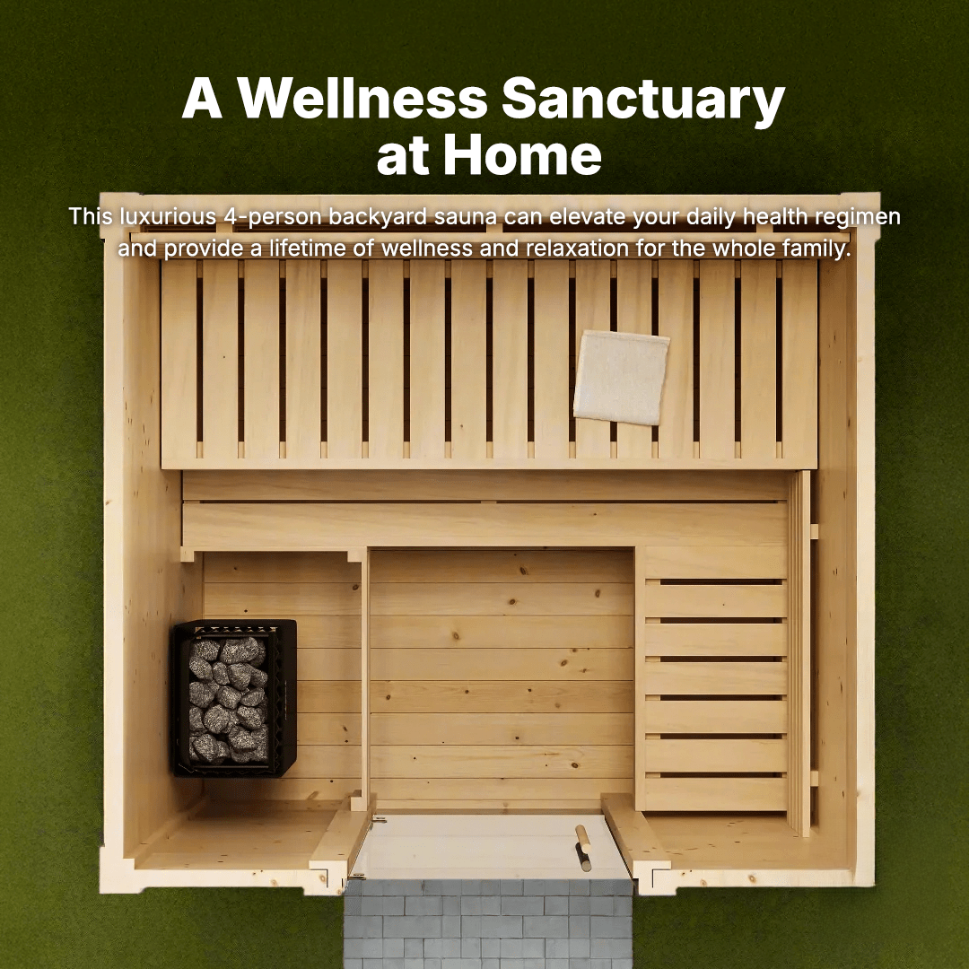 SaunaLife Garden Series G2 backyard sauna 4-person model with thick spruce panels, modern slanted roof and full enclosed floor for outdoor durability