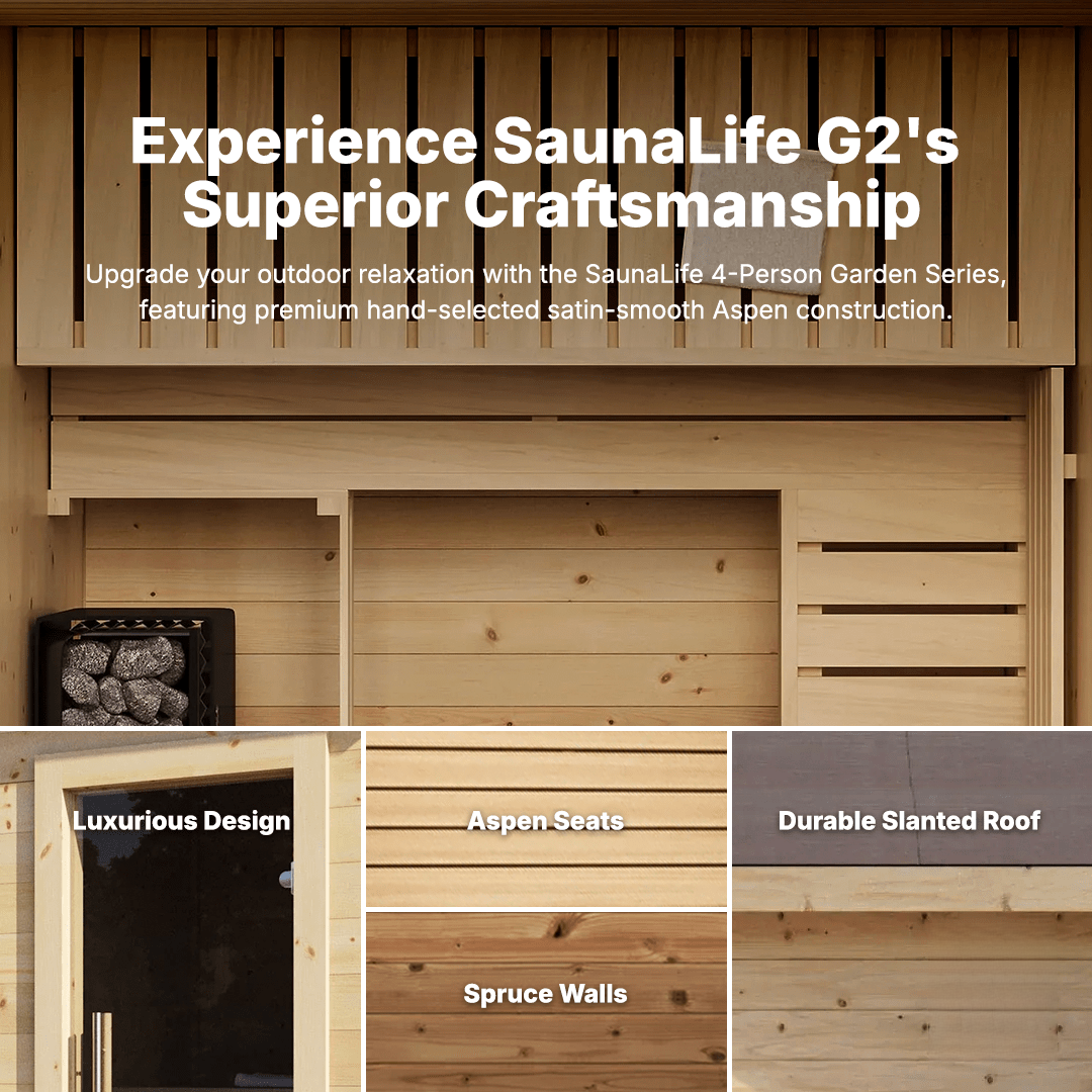 Luxury outdoor sauna SaunaLife G2 4-person kit built from heavy-duty spruce with interlocking wood design and protective EPDM roofing for all seasons