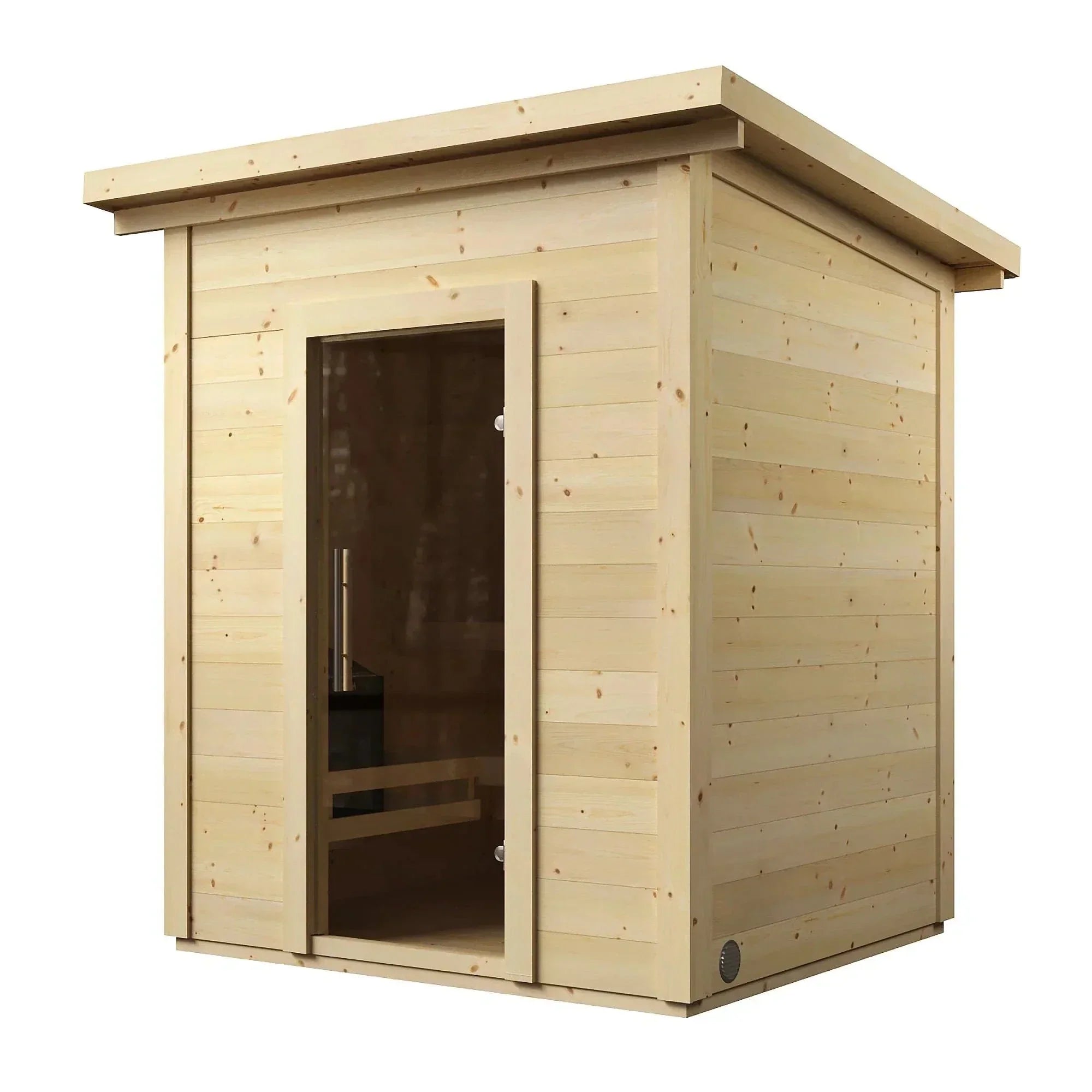 SaunaLife Garden Series G2 Outdoor Sauna 4 Person Kit made from 1.65-inch thick spruce with interlocking V-joint construction, slanted roof and EPDM waterproof roofing for backyard wellness