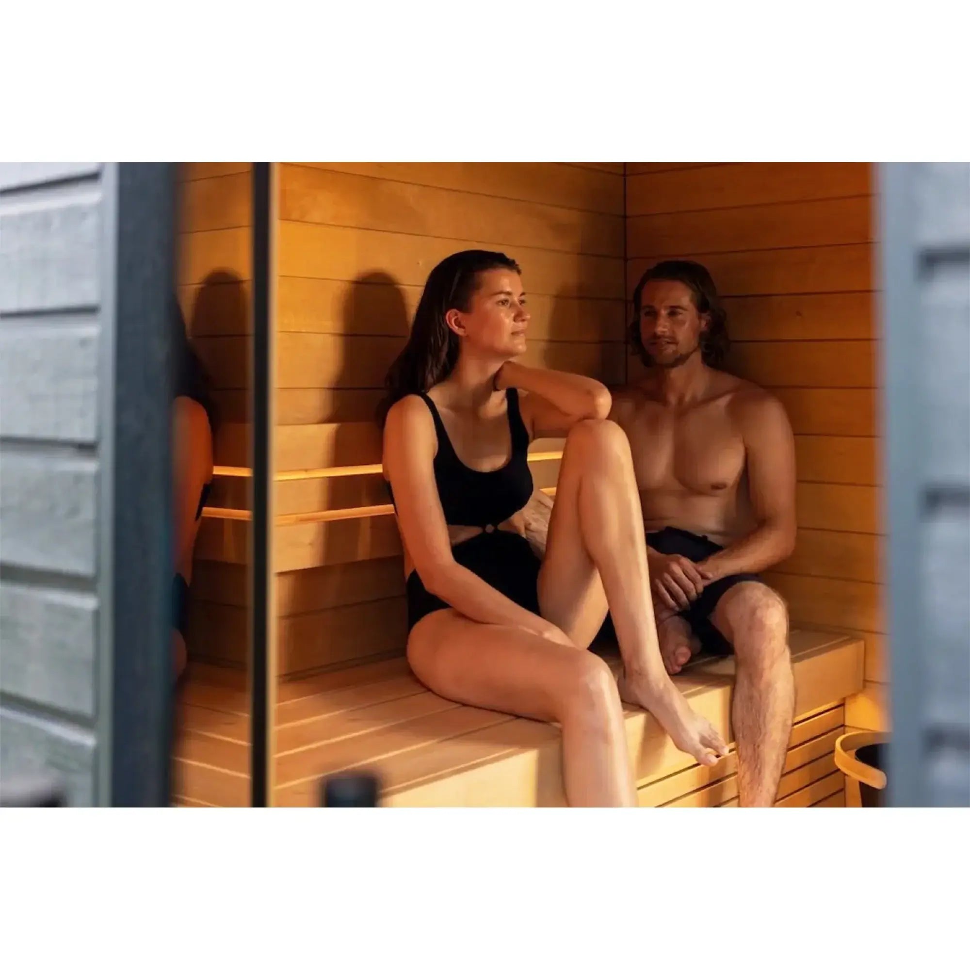 SaunaLife G6 outdoor sauna cabin for home garden use with full tempered glass front wall and luxury spa finish