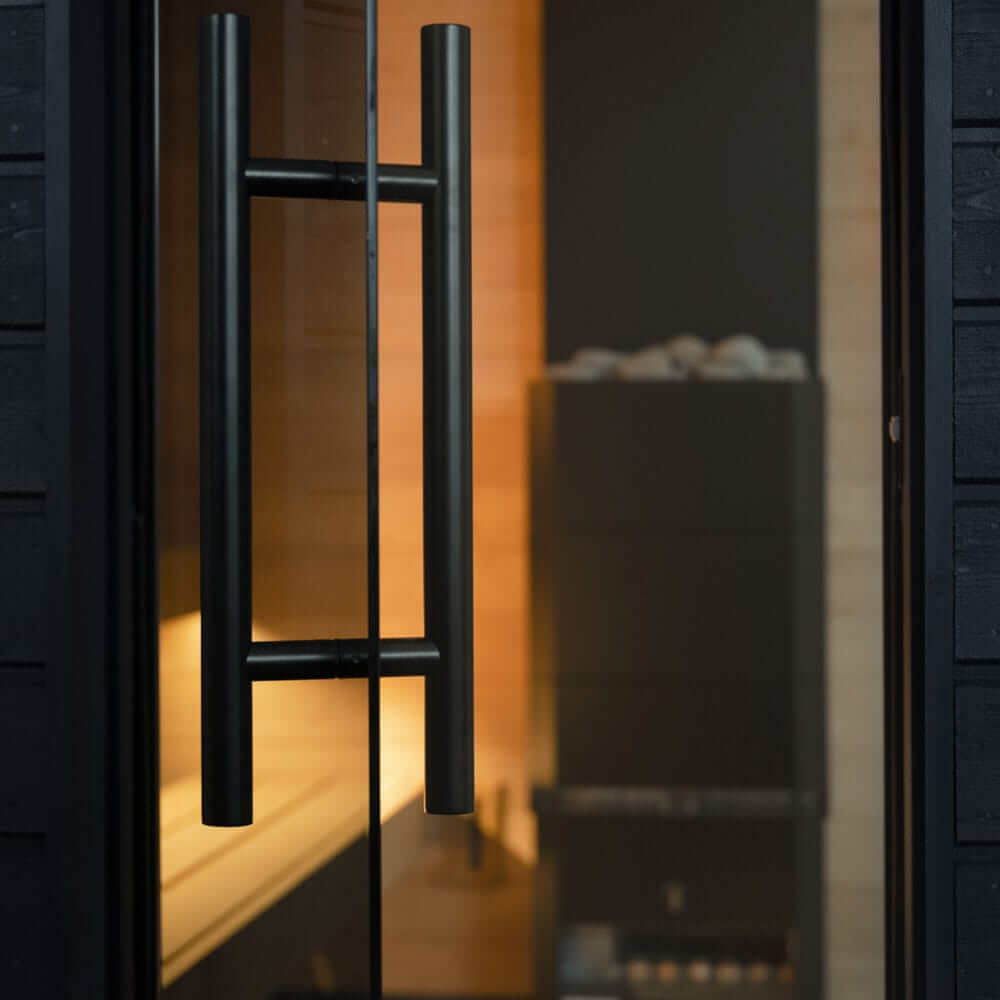 SaunaLife Model G6 fully built outdoor garden sauna for 5 persons with panoramic glass front and premium Nordic craftsmanship