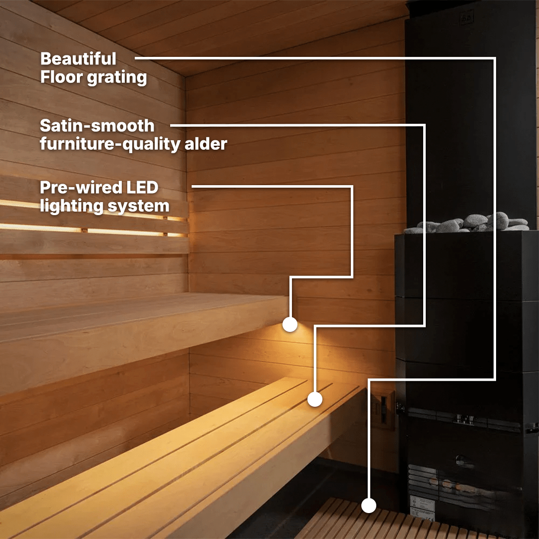 Fully assembled SaunaLife G6 garden sauna cabin luxury outdoor sauna with glass front wall and natural wood interior seating