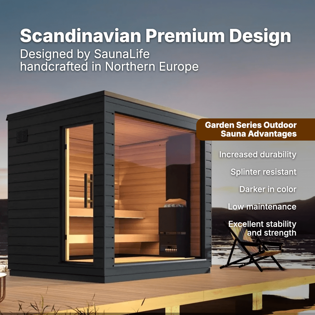 Luxury SaunaLife Model G6 garden sauna cabin fully built outdoor home sauna with panoramic glass front wall and Scandinavian design