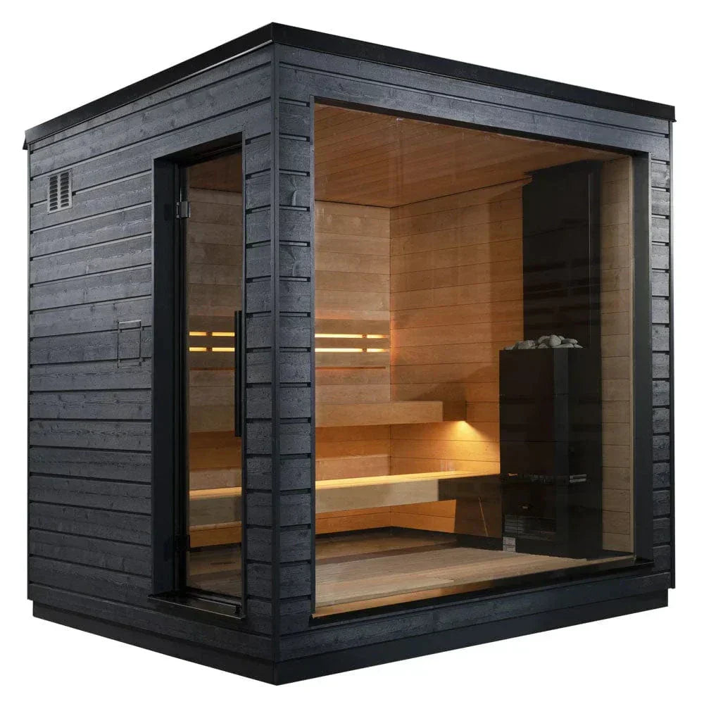SaunaLife G6 pre-assembled outdoor home sauna cabin for up to 5 persons, premium Northern European garden sauna with alder wood interior, black spruce exterior, and full glass front wall