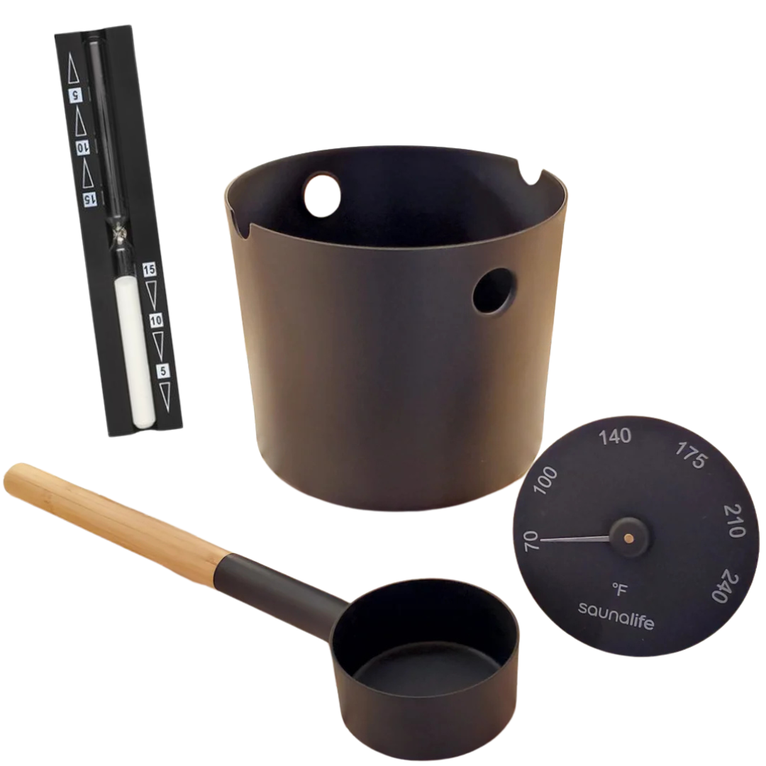 SaunaLife Accessory Package 5 and 6 premium sauna experience set including 1-gallon aluminum sauna bucket with bamboo ladle, black Fahrenheit thermometer and hygrometer, luxury sauna accessories for home spa relaxation