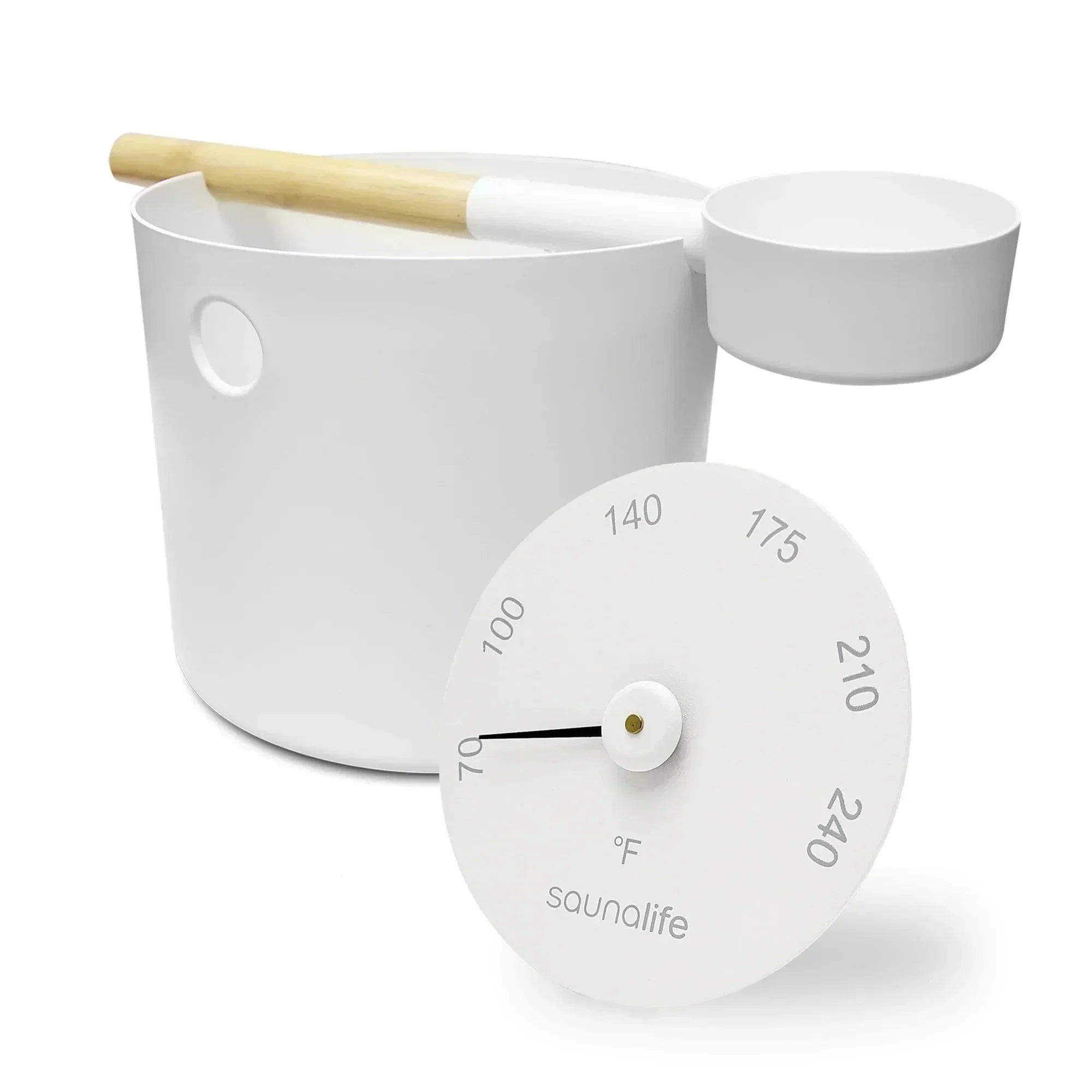 Luxury SaunaLife Accessory Package 5 sauna essentials set including metal bucket ladle and Fahrenheit thermometer hygrometer for heat and humidity monitoring