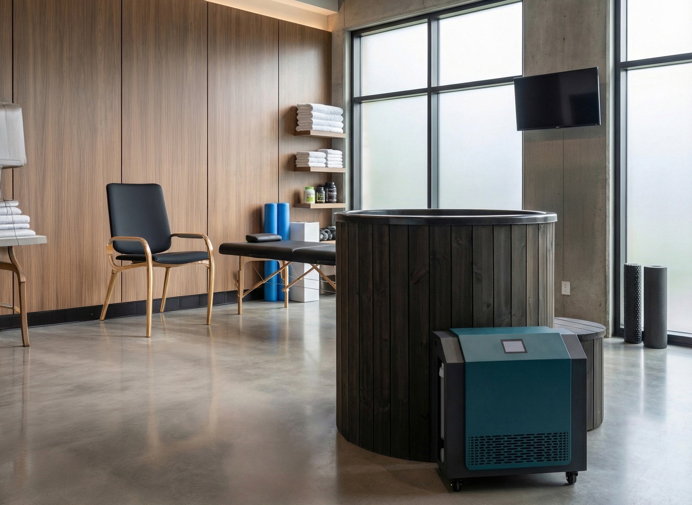 Premium SaunaLife Model S1NC cold plunge and heated soak system with Thermo-Spruce plunge tub designed for home hydrotherapy and athletic recovery