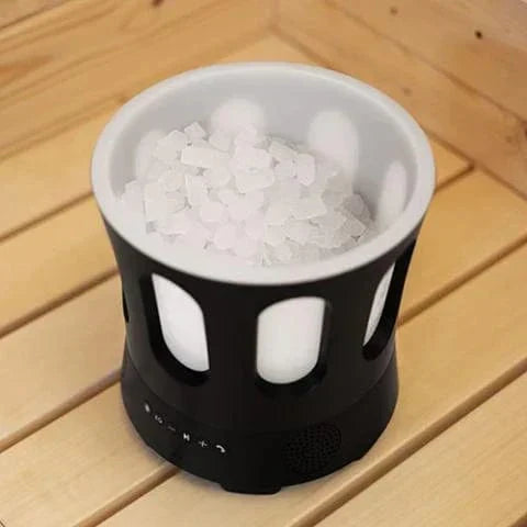 SaunaLife SaunaZone LED music bucket for sauna with Bluetooth speaker system, color-changing lights, and insulated ice storage