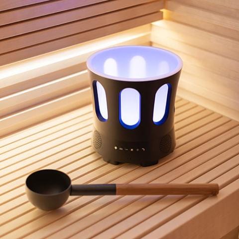 SaunaLife SaunaZone multifunction sauna accessory featuring music streaming via Bluetooth, ambient LED lights, and ice container for cold drinks