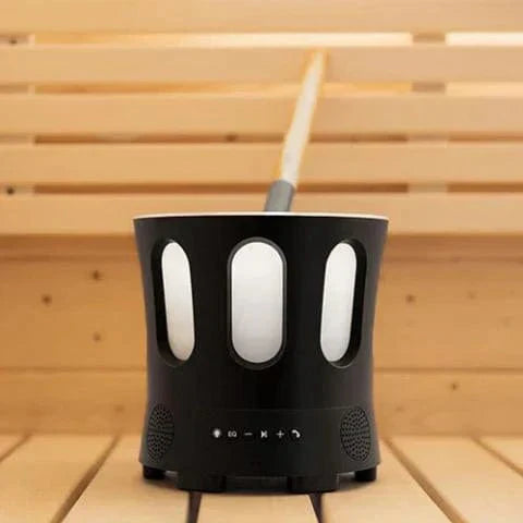 SaunaLife SaunaZone portable sauna entertainment unit with wireless Bluetooth audio, RGB LED lighting, and built-in beverage cooler