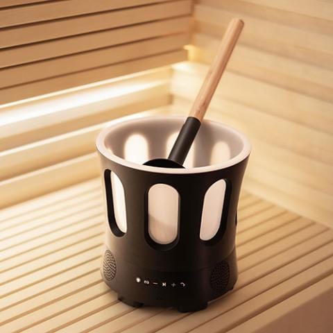 SaunaLife SaunaZone portable sauna entertainment system with Bluetooth speaker, LED color lighting, and built-in ice bucket for drinks and relaxation