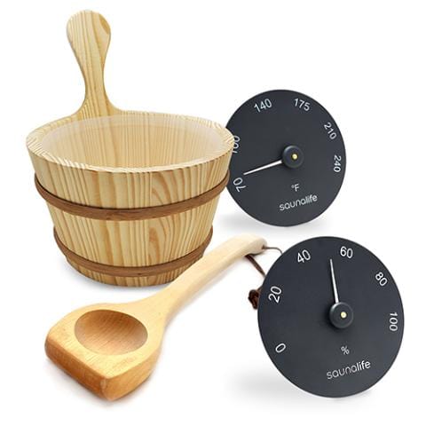 SaunaLife Accessory Package 3 sauna kit with wooden 1-gallon bucket, ladle, Fahrenheit thermometer and hygrometer for premium home sauna experience