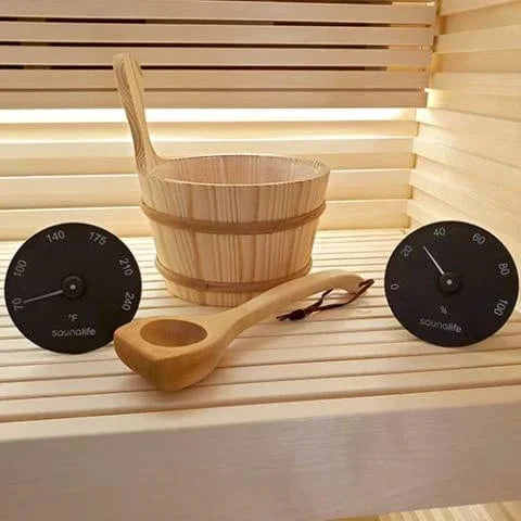 SaunaLife sauna accessory set Package 3 with wooden bucket, plastic liner, ladle, thermometer and hygrometer for luxury sauna use