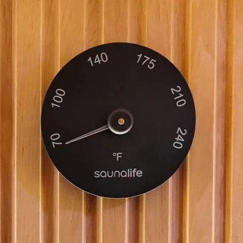 Luxury SaunaLife sauna accessory bundle Package 3 including wooden bucket, ladle, and black thermometer hygrometer set for sauna control