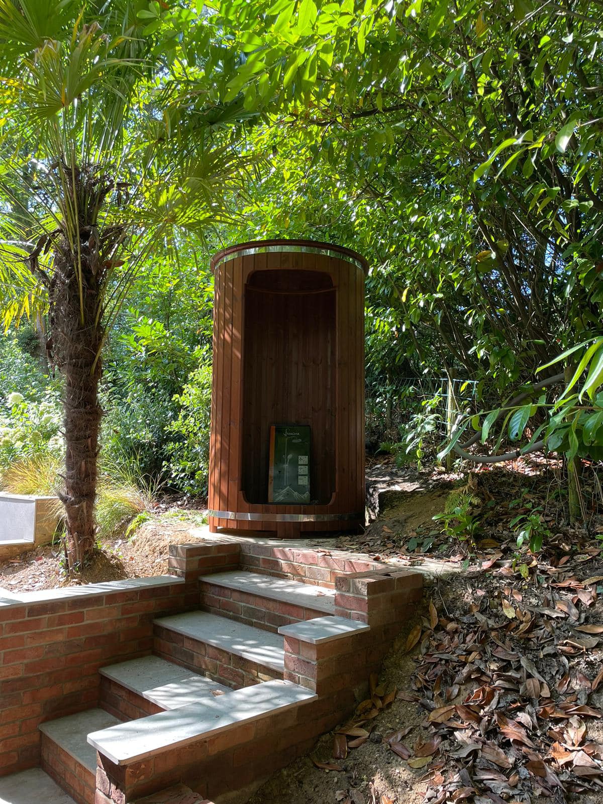 SaunaLife RAIN-Series Outdoor Barrel Shower durable wooden outdoor shower for sauna and pool areas with stylish barrel design and premium craftsmanship