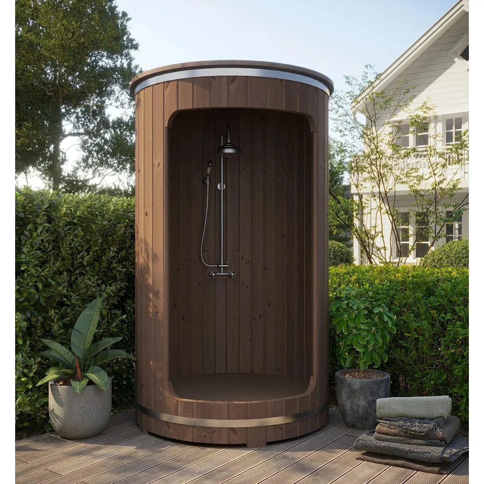 SaunaLife RAIN-Series Outdoor Barrel Shower beside outdoor sauna with durable wood construction for backyard wellness and relaxation