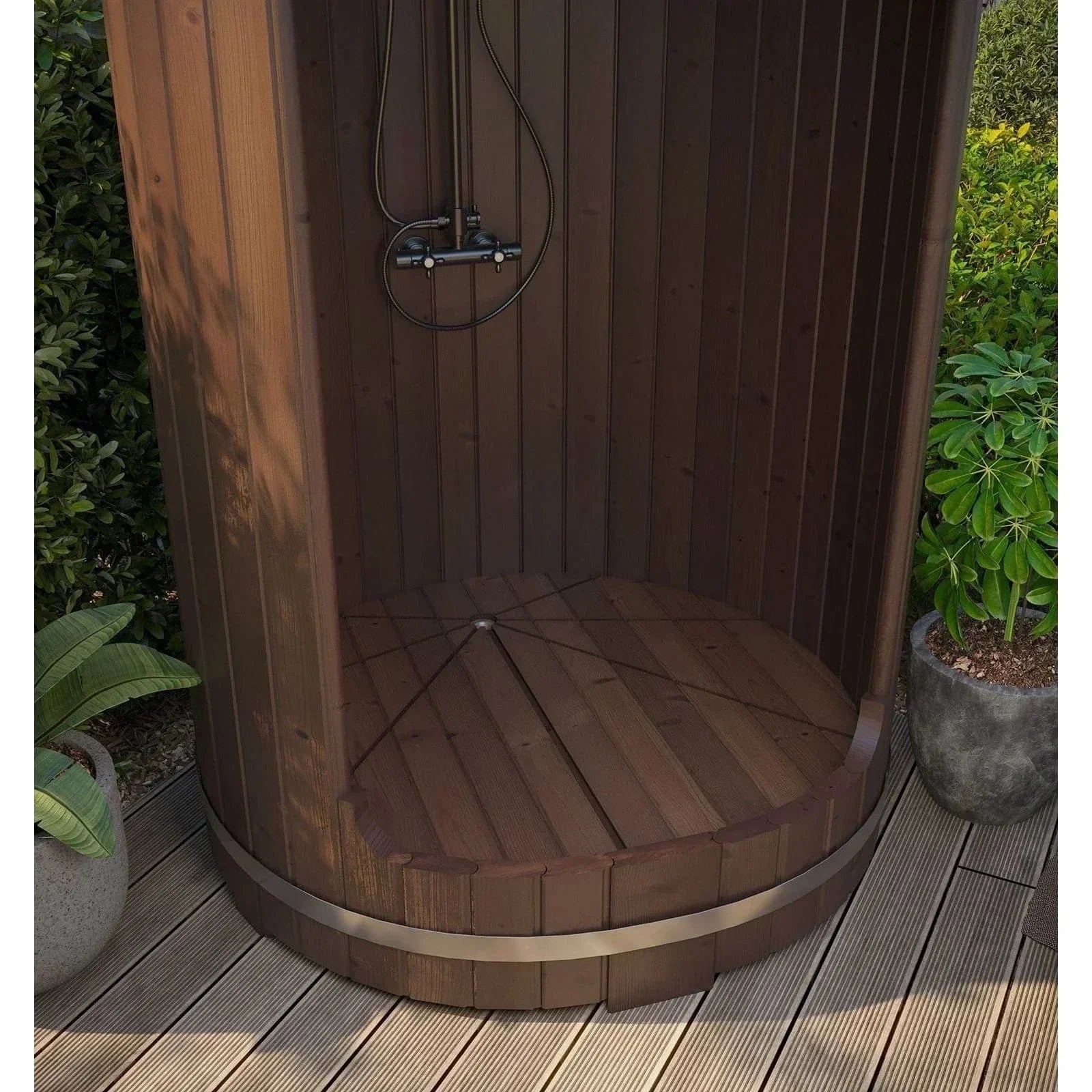 SaunaLife RAIN-Series Outdoor Barrel Shower premium outdoor shower for sauna and pool areas with stylish barrel design