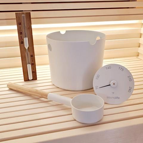 SaunaLife Bucket and Ladle Package 2 aluminum sauna bucket and bamboo ladle set with Scandinavian design