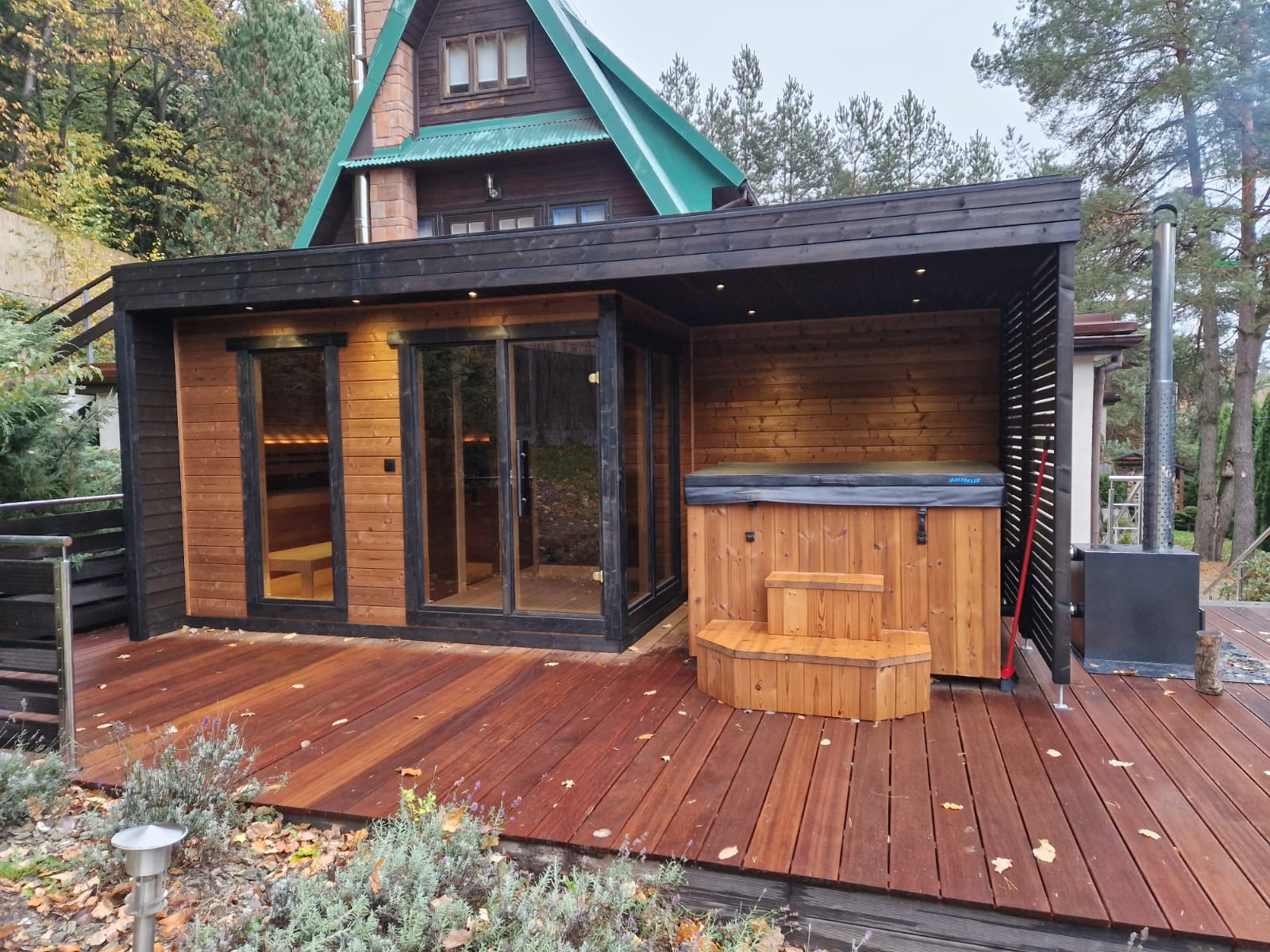Leil Patio L Plus Outdoor 5 Person Sauna, luxury backyard wellness sauna with integrated changing room