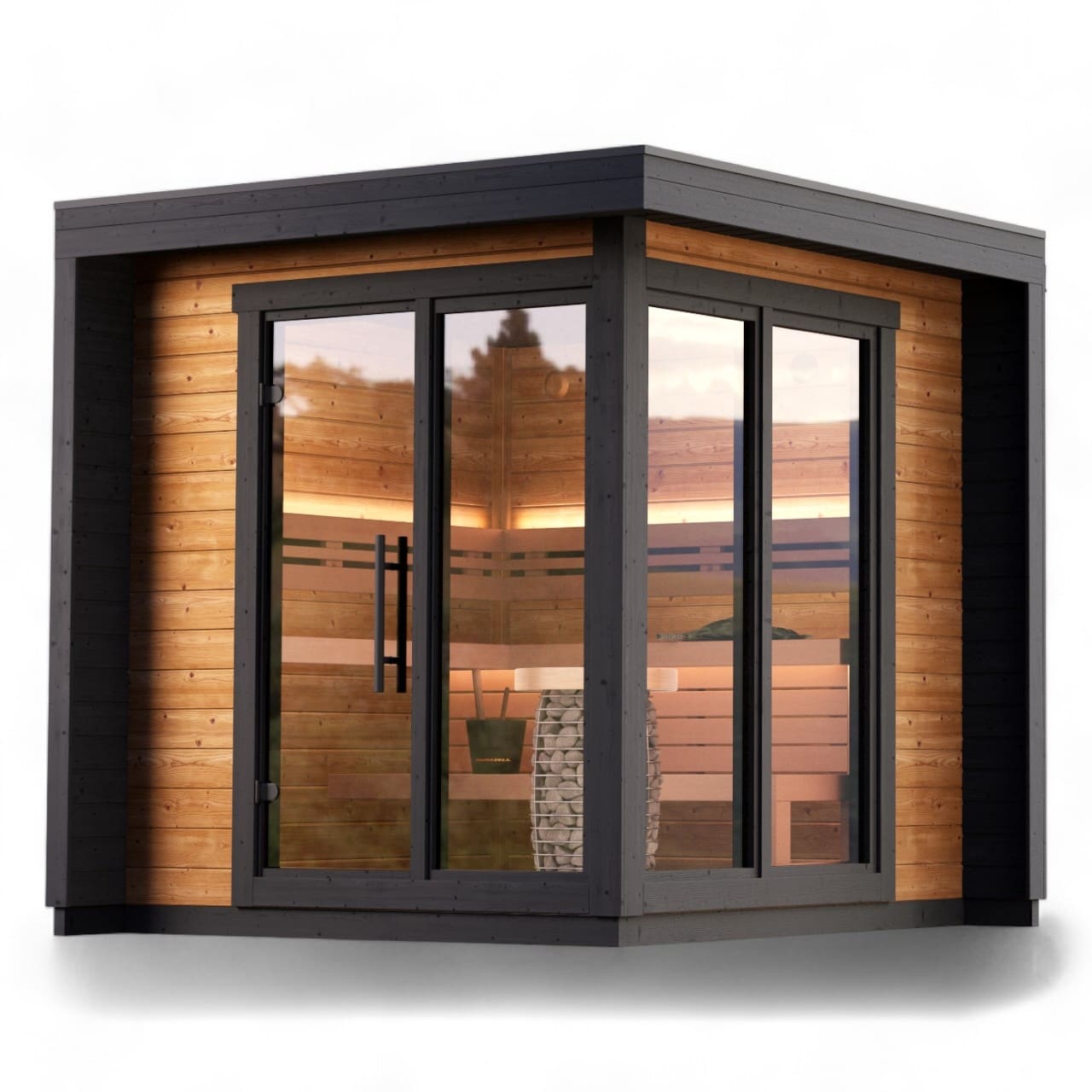 4–5 Person Leil Patio S Outdoor Sauna Kit, ThermoWood corner sauna for patio or garden