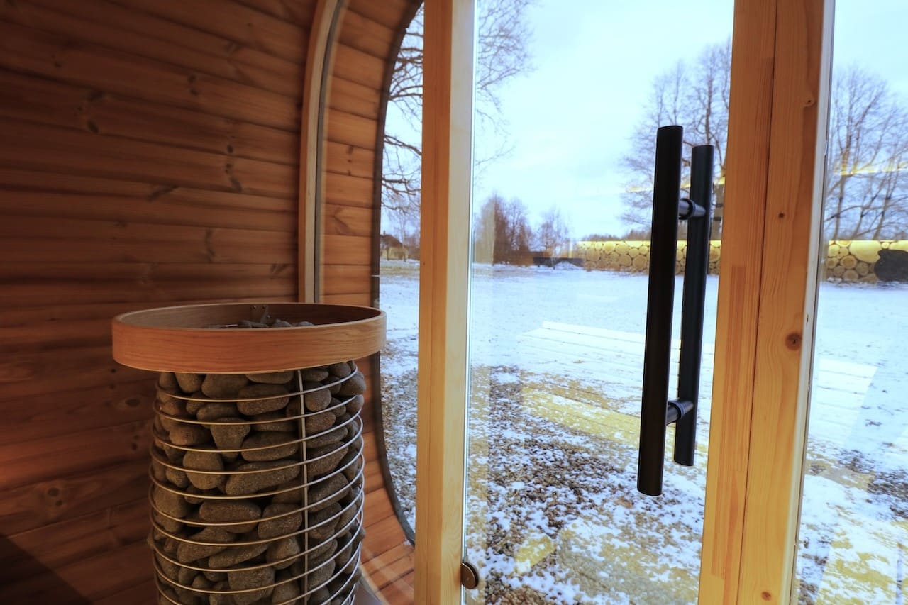 Luxury Outdoor Leil Round Cube Sauna Kit for 4–5 People, Compact Backyard Home Spa Sauna with Modern Wood Design
