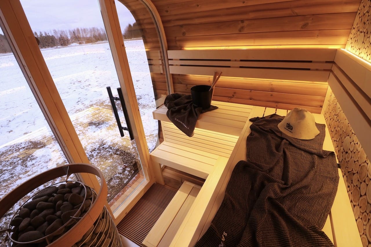 Leil 4–5 Person Outdoor Round Cube Sauna Kit, Compact Backyard Nordic Sauna with Premium Curved Wood Cabin Design