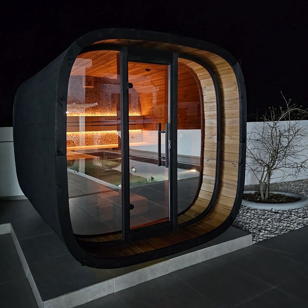 4–5 Person Leil Round Cube Outdoor Sauna, Modern Compact Home Backyard Sauna Kit with High-End Timber Construction