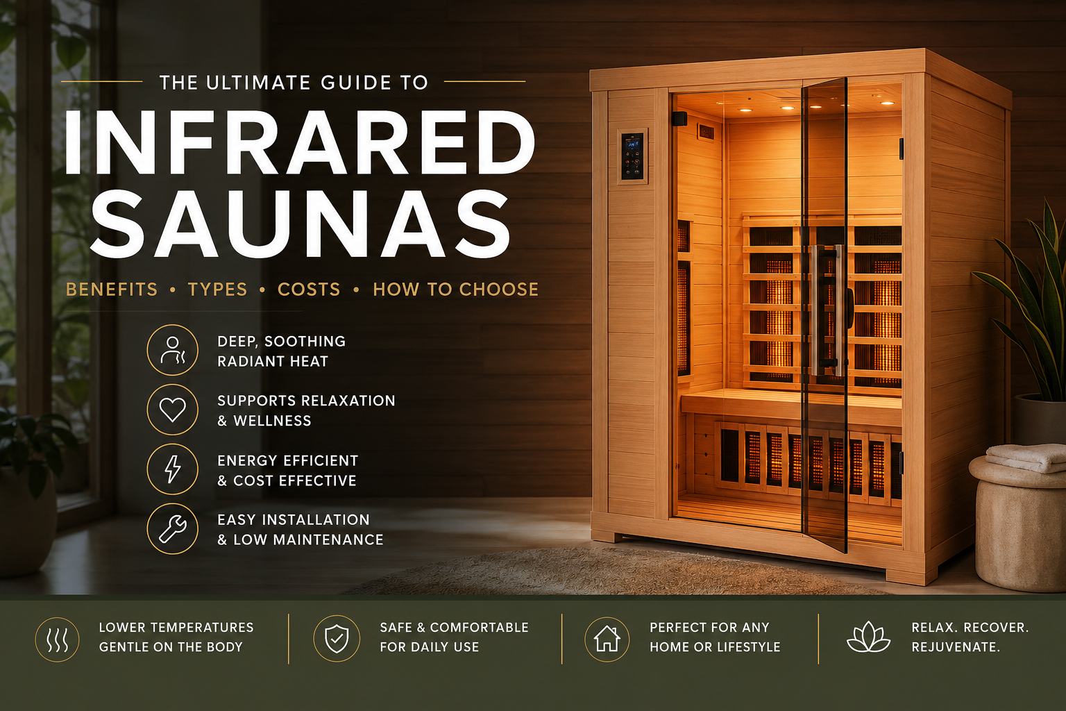 Modern indoor infrared sauna with warm LED lighting, glass door, and natural wood interior, illustrating the ultimate guide to infrared saunas for home wellness and relaxation.