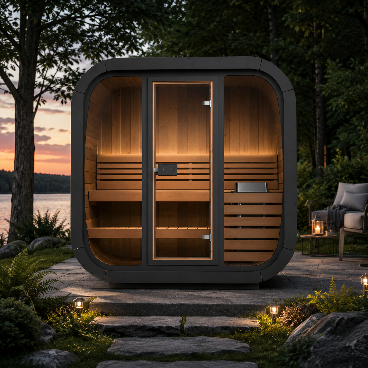 Modern SaunaLife CL4G outdoor cube sauna on a stone patio beside a peaceful lakeside forest at sunset, featuring warm interior lighting, large glass panels, landscaped greenery, and luxury backyard spa ambiance.