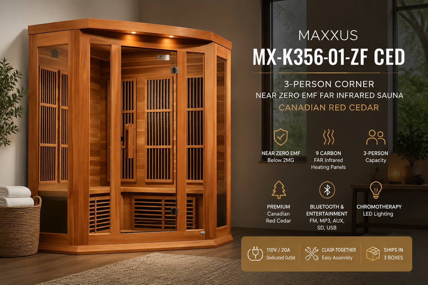 The Maxxus MX-K356-01-ZF The Best 3-Person Corner Infrared Sauna for Home Wellness