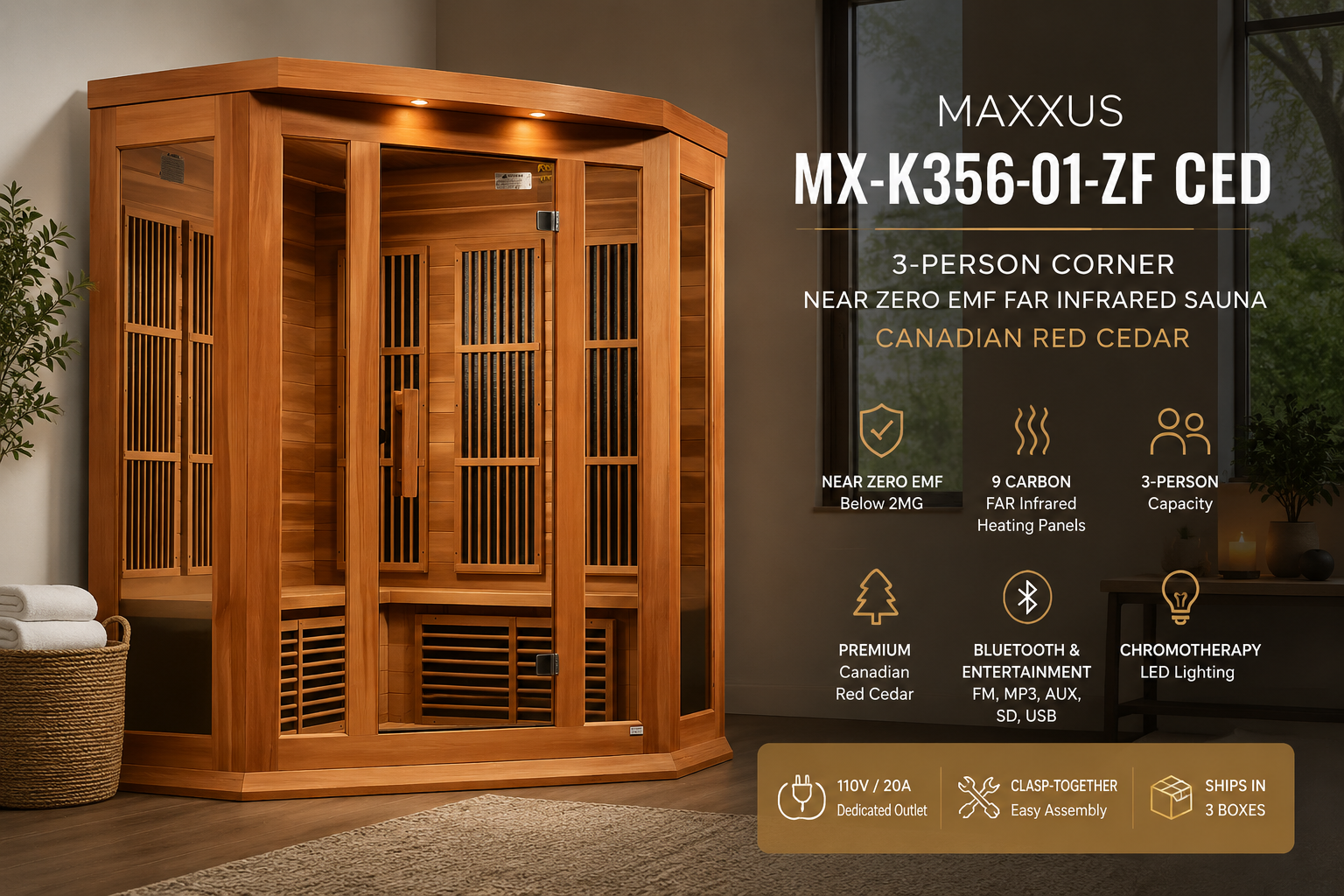 The Maxxus MX-K356-01-ZF The Best 3-Person Corner Infrared Sauna for Home Wellness