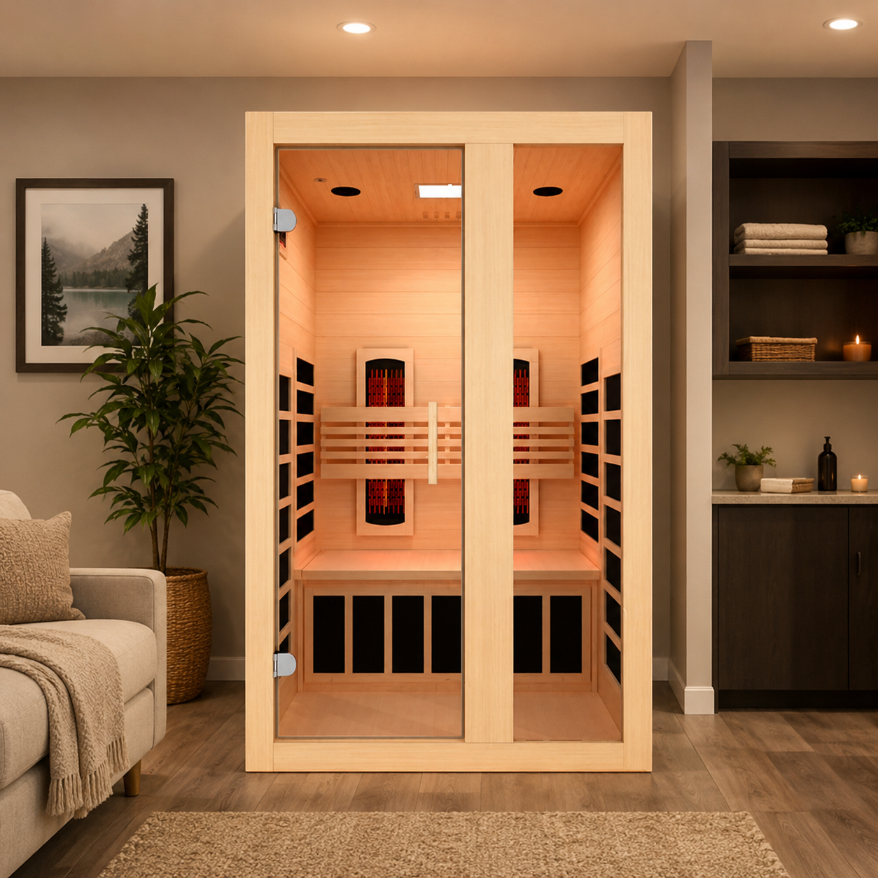 Dynamic Serena 2-person full spectrum infrared sauna with Canadian Hemlock installed in a modern home wellness room